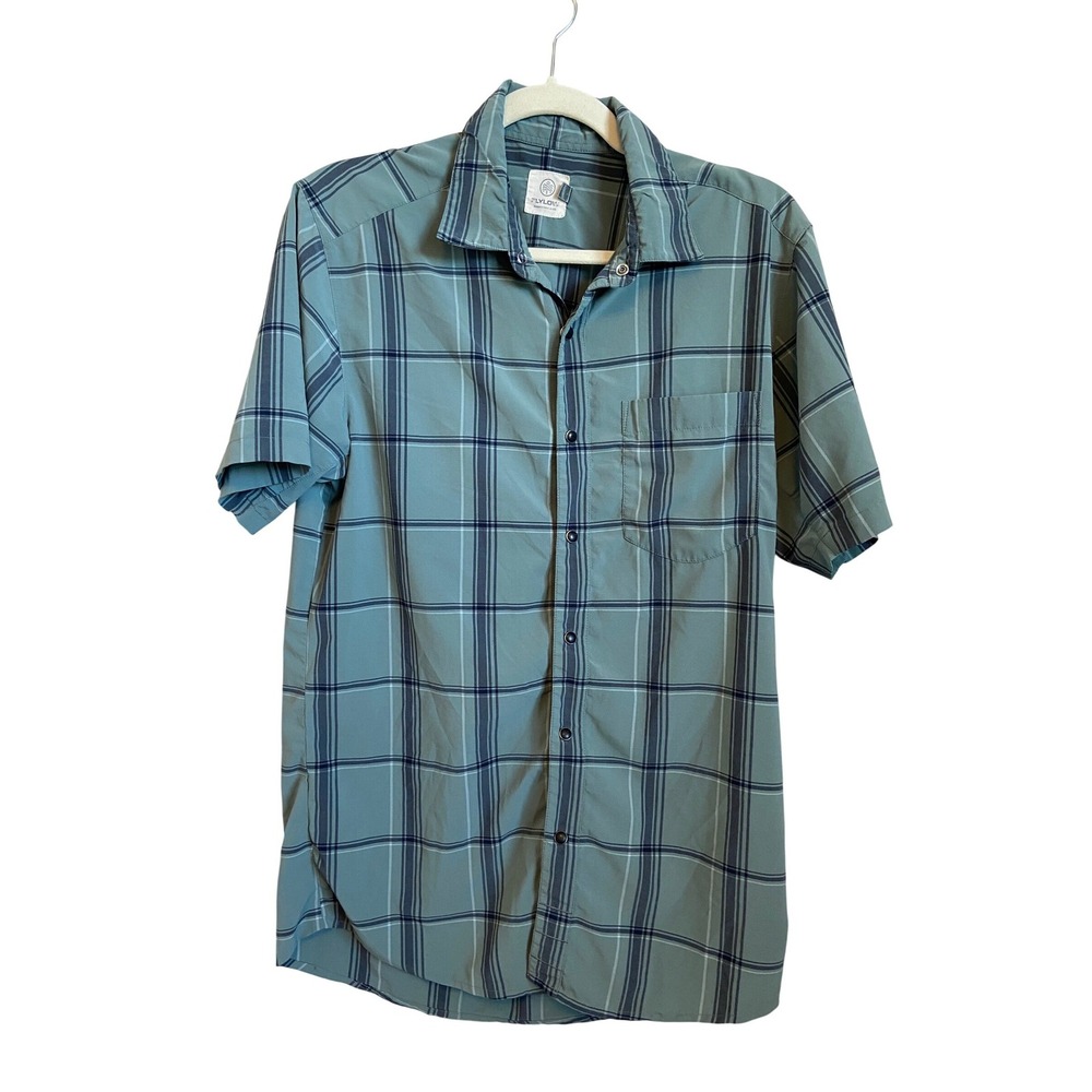 Flylow‎ Mens Short Sleeve Plaid Snap Button Down Shirt Sage Green Small